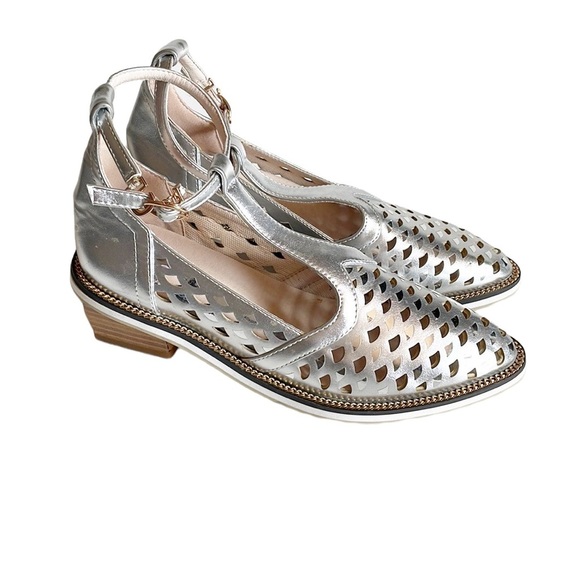 Shoes - Silver Perforated Ankle Strap Stacked Heel Custom Made Dance Shoes size 7